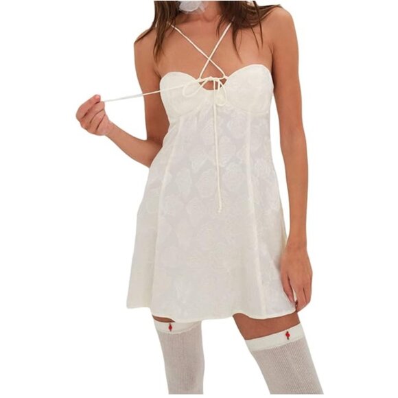 For Love & Lemons Melody Mini Dress Cream Medium 100% Authentic Floral Satin Jac - Picture 13 of 15